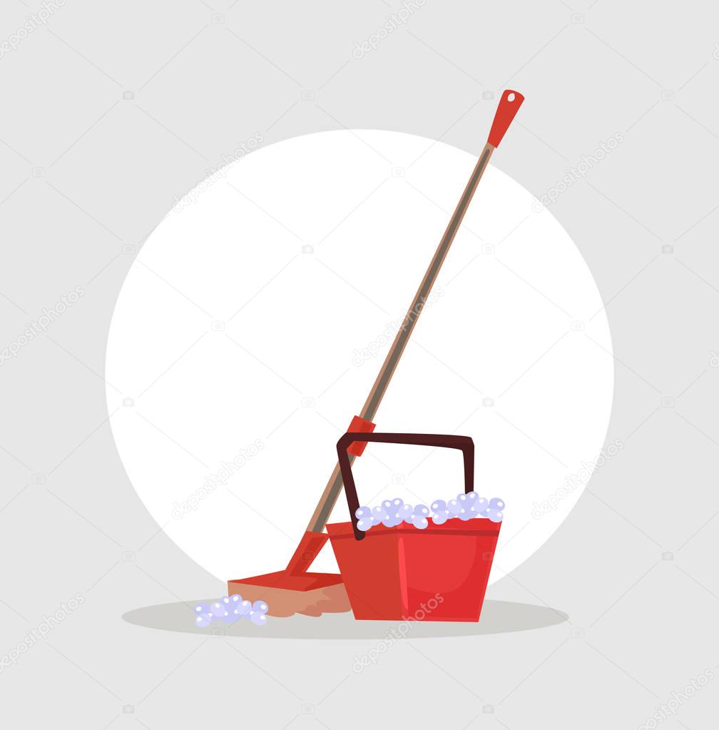 Bucket and mop icon. Cleaning concept. Vector flat cartoon illustration