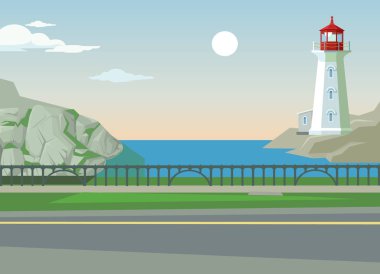 Yeşil tepeler ağaçlar ve deniz manzara. Doğa arasında asfalt. Vektör düz çizgi film illüstrasyon