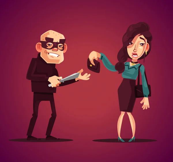 Angry bad thief man character robs frightened woman at knife. Vector flat cartoon illustration — Stock Vector