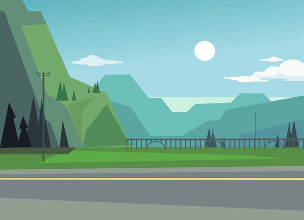 Зеленый пейзаж с холмами и деревьями. Асфальт среди природы. Векторная плоская иллюстрация
