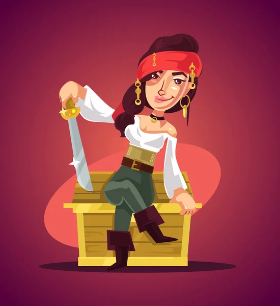 Щаслива усміхнена жінка-пірат, що сидить на грудях скарбів. Векторна плоска мультяшна ілюстрація — стоковий вектор