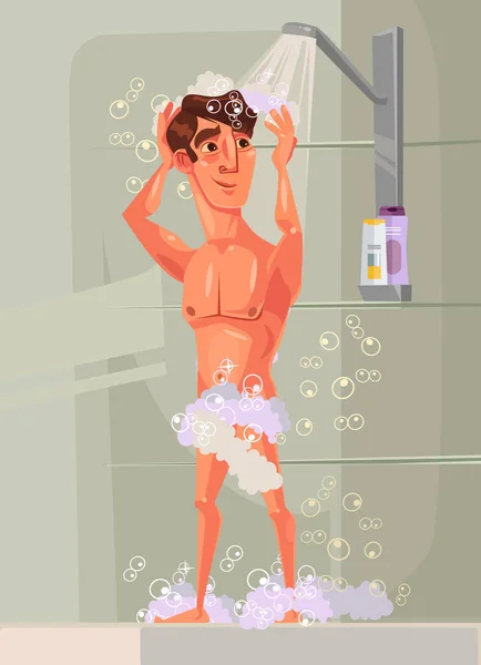 Joyeux sourire jeune homme sexy beau personnage prenant une douche et se lavant le corps. Illustration vectorielle de dessin animé plat — Image vectorielle