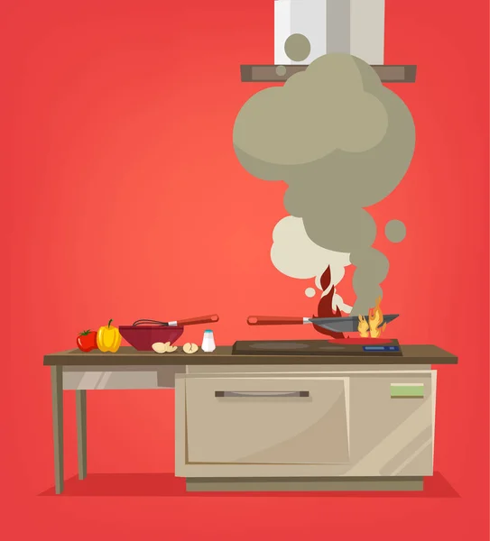 Sui fornelli da cucina brucia il cibo. illustrazione del fumetto piatto vettoriale — Vettoriale Stock
