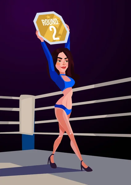 Feliz sorrindo sexy ring girl personagem segurando e mostrando placa redonda. Ilustração de desenho animado plano vetorial — Vetor de Stock