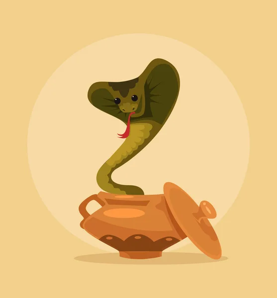Счастливая улыбающаяся добрая змея-кобра, танцующая в горшочке. Векторная плоская иллюстрация — стоковый вектор