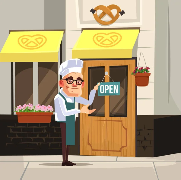Felice proprietario sorridente panettiere cuoco uomini personaggio apertura caffè e benvenuto. illustrazione del fumetto piatto vettoriale — Vettoriale Stock
