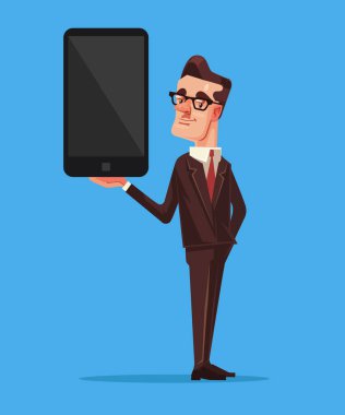 Mutlu gülümseyen satıcı işadamı office işçisi karakter mevcut yeni akıllı telefon. Vektör düz çizgi film illüstrasyon