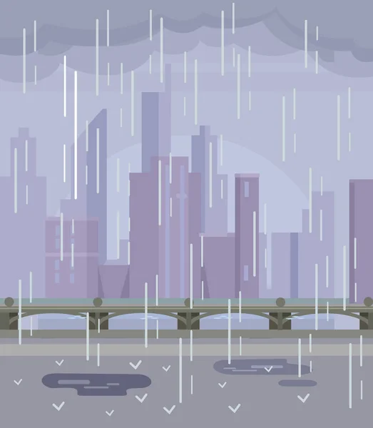 Rainy empty city. No people. Vector flat cartoon illustration