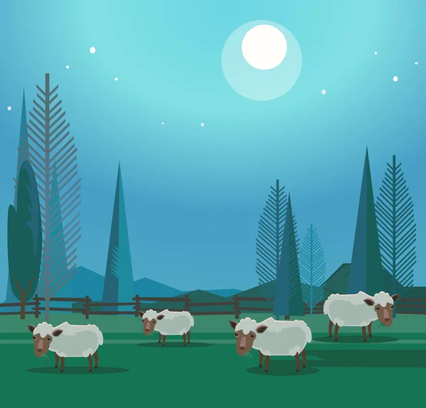 Kudde gelukkig lachend schapen grazen in de weide. Vectorillustratie platte cartoon — Stockvector