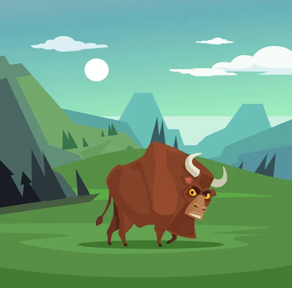 Rozzuřený býk znak pastviny v poli. Plochý kreslené vektorové ilustrace — Stockový vektor