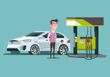 Benzin istasyonu ve mutlu gülümseyen tüketici adam karakter. Vektör düz çizgi film illüstrasyon