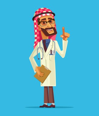 Arap doktor adam karakter gülümseyen mutlu. Vektör düz çizgi film illüstrasyon