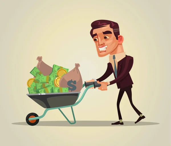 Happy smiling rich business man character hold wheelbarrow full of money. Vector flat cartoon illustration — Stock Vector