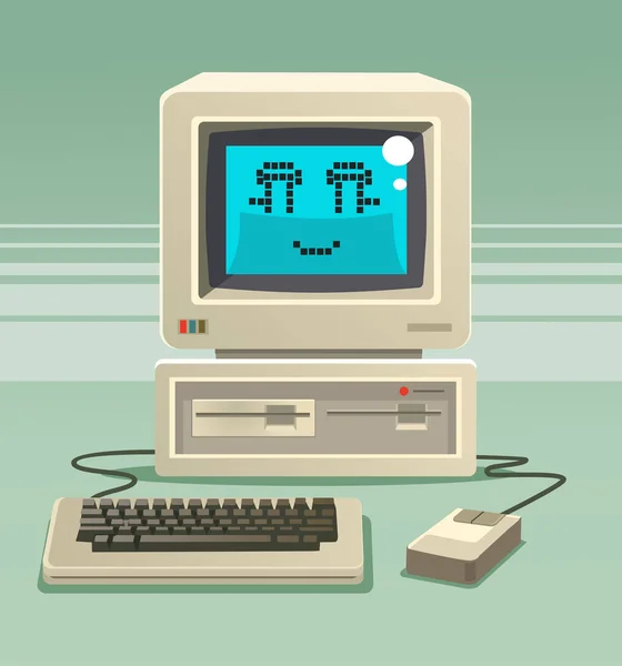 Feliz sorrindo velho personagem de computador. Ilustração de desenho animado plano vetorial — Vetor de Stock