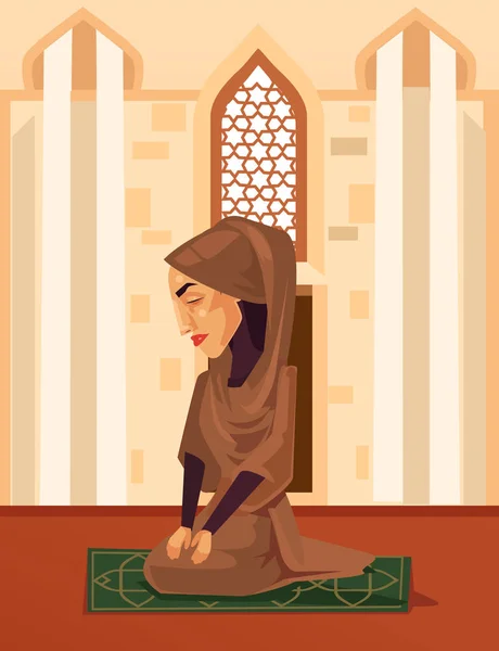 Moslimvrouw karakter in moskee bidden. Vectorillustratie platte cartoon — Stockvector