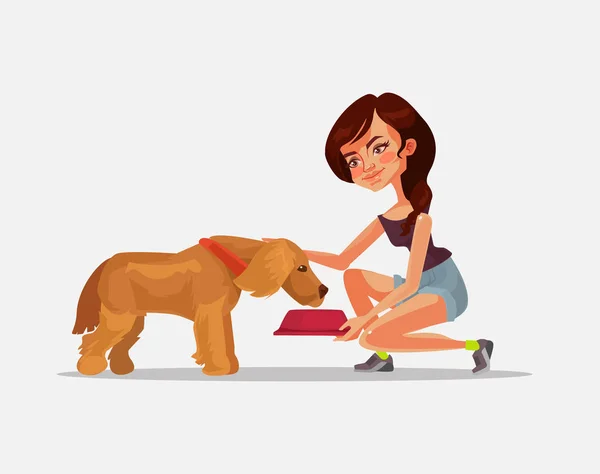 Happy smiling woman character owner feeding dog. Vector flat cartoon illustration — Stock Vector