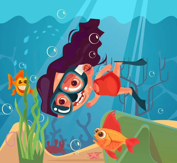 Feliz chica sonriente personaje de buceo. Vector plano ilustración de dibujos animados — Archivo Imágenes Vectoriales