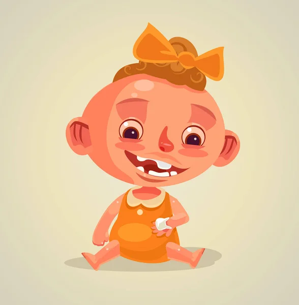Personagem de criança sorridente feliz segura dente de bebê morrendo. Ilustração de desenho animado plano vetorial —  Vetores de Stock