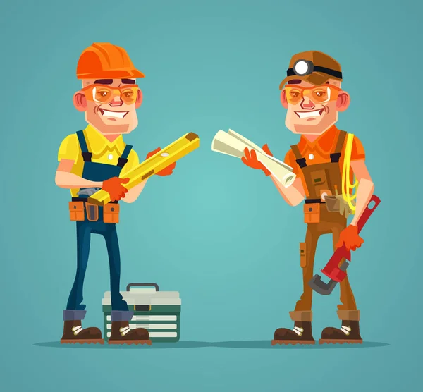Dos felices constructores sonrientes y trabajadores discuten el plan de construcción. Vector plano ilustración de dibujos animados — Archivo Imágenes Vectoriales
