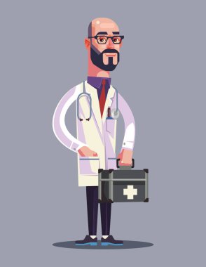 Mutlu gülümseyen adam doktor karakter durumda tutun. Vektör düz çizgi film illüstrasyon