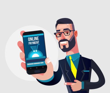 Mutlu gülümseyen Yöneticisi adam karakter gösteren akıllı telefon ile online ödeme. Vektör düz çizgi film illüstrasyon