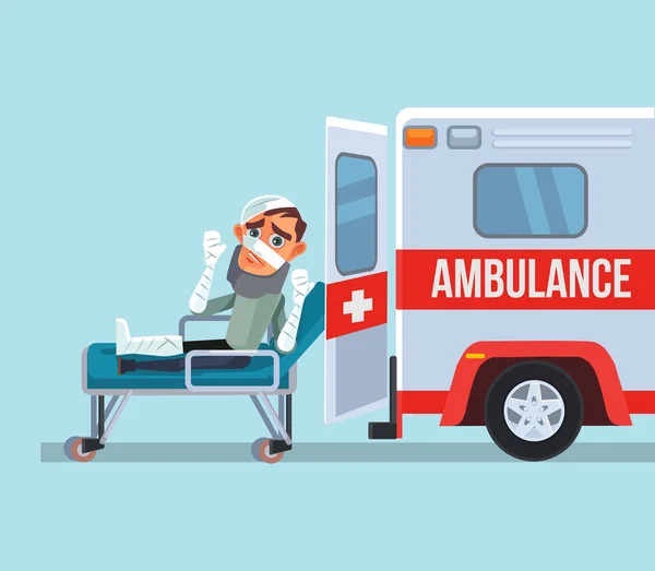 Ambulance car and broken victim man character. Vector flat cartoon illustration — Stock Vector