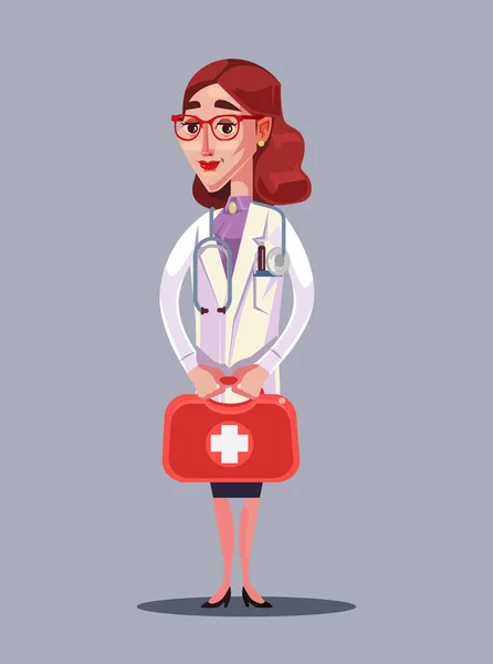 Happy smiling woman doctor character hold case. Vector flat cartoon illustration — Stock Vector