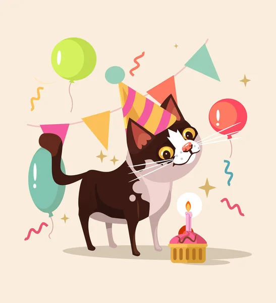 Szczęśliwy uśmiechający się znak kot obchodzi urodziny. Wektor ilustracja kreskówka płaskie — Wektor stockowy