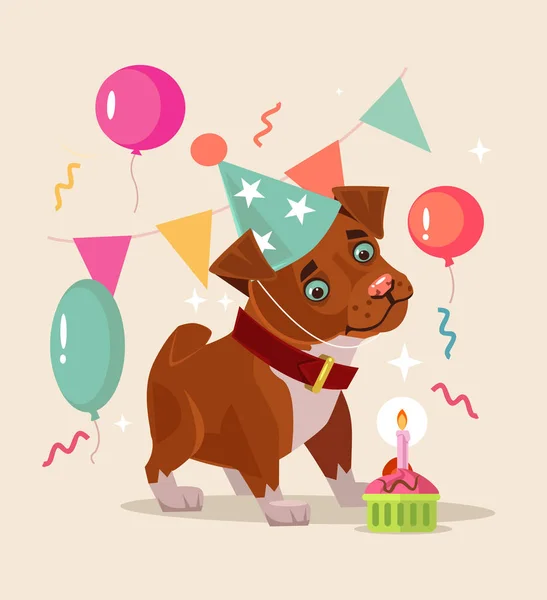 Feliz personaje perro sonriente celebra cumpleaños. Vector plano ilustración de dibujos animados — Archivo Imágenes Vectoriales