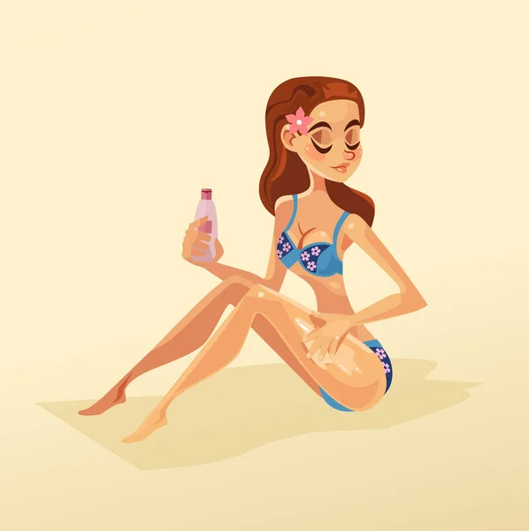 Happy smiling woman character on the beach smeared herself with sunscreen. Vector flat cartoon illustration — Stock Vector