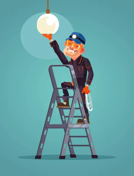 Gloeilamp verandert gelukkig lachend karakter van de werknemer. Vectorillustratie platte cartoon — Stockvector