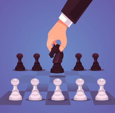 İşadamı office çalışan Yöneticisi karakter el iş stratejik satranç ATI hareket yapmak. Vektör düz çizgi film illüstrasyon