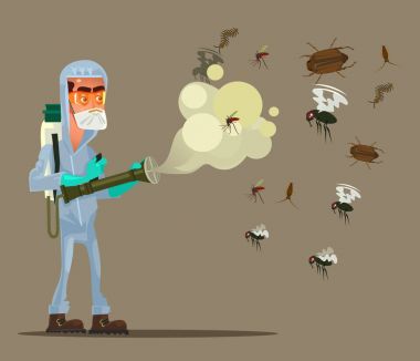 Pest control service man character trying killing insects. Vector flat cartoon illustration clipart