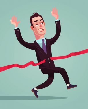 İşadamı ofis işçi karakter geçerken kırmızı hattı gülümseyen mutlu. Vektör düz çizgi film illüstrasyon