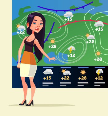 Happy smiling woman weather reporter character. Vector flat cartoon illustration clipart