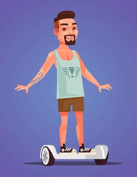 Felice sorriso ragazzino adolescente personaggio cavalcando su hoverboard. illustrazione del fumetto piatto vettoriale — Vettoriale Stock