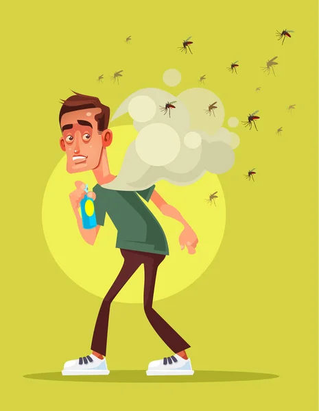 Scary afraid man fight with insect by spray. Vector flat cartoon illustration — Stock Vector
