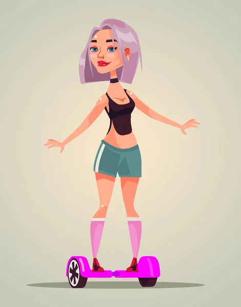 Happy tersenyum gadis kecil karakter remaja naik di hoverboard. Ilustrasi kartun datar vektor - Stok Vektor