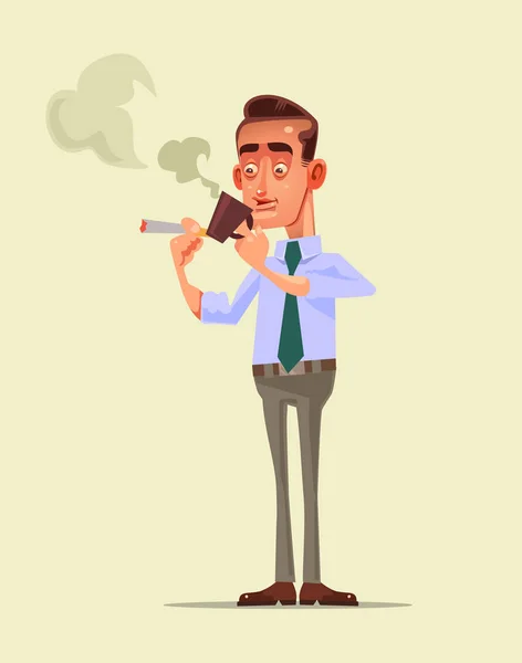 Businessman office worker character have coffee break with drink and smoke cigarette relaxing after hard work day. Vector flat cartoon illustration — Stock Vector