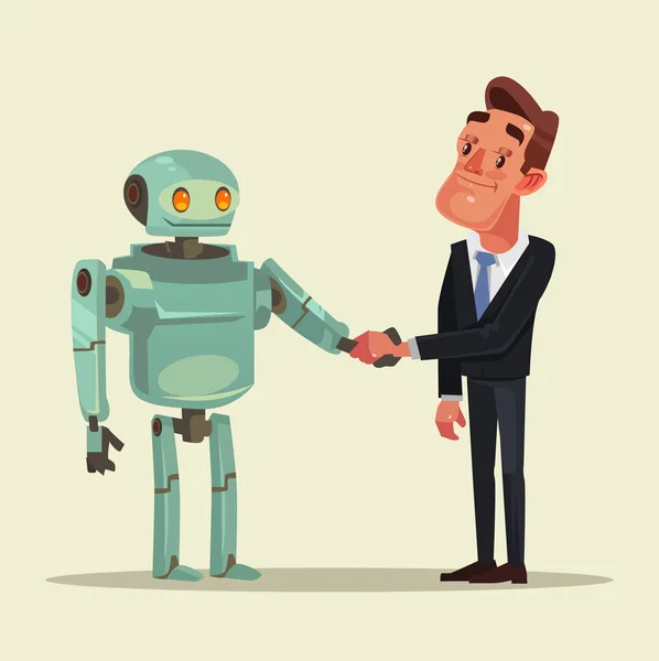 L'homme humain et les personnages de robots font affaire et se serrent la main. Illustration vectorielle de dessin animé plat — Image vectorielle