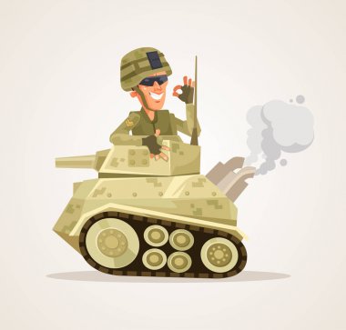 Mutlu gülümseyen tank adam karakter. Vektör düz çizgi film illüstrasyon