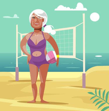 Mutlu gülümseyen yaşlı kadın plaj voleybolu oynayın. Vektör düz çizgi film illüstrasyon