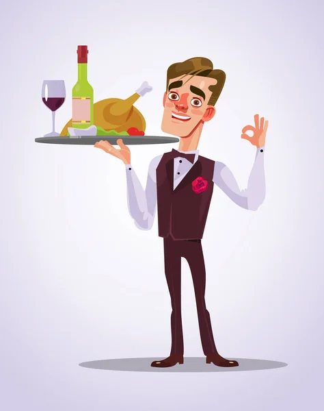 Happy χαμογελώντας σερβιτόρου άντρας χαρακτήρα με κασέτα τροφίμων. Επίπεδη καρτούν εικονογράφηση φορέα — Διανυσματικό Αρχείο