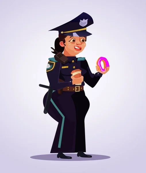 Felice sorridente personaggio donna agente di polizia mangiare ciambella e bere caffè. illustrazione del fumetto piatto vettoriale — Vettoriale Stock