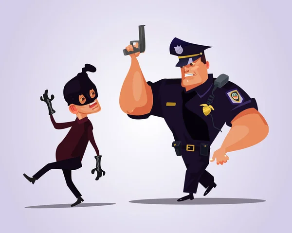 Grote sterke politieagent teken achter bandit. Vectorillustratie platte cartoon — Stockvector