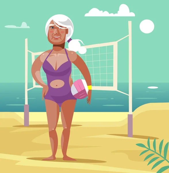 Lyckligt leende gammal kvinna spela beachvolley. Flat tecknad vektorillustration — Stock vektor