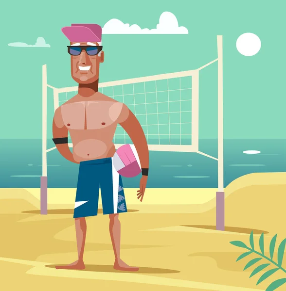 Счастливый улыбающийся старик играет в пляжный волейбол. Векторная плоская иллюстрация — стоковый вектор