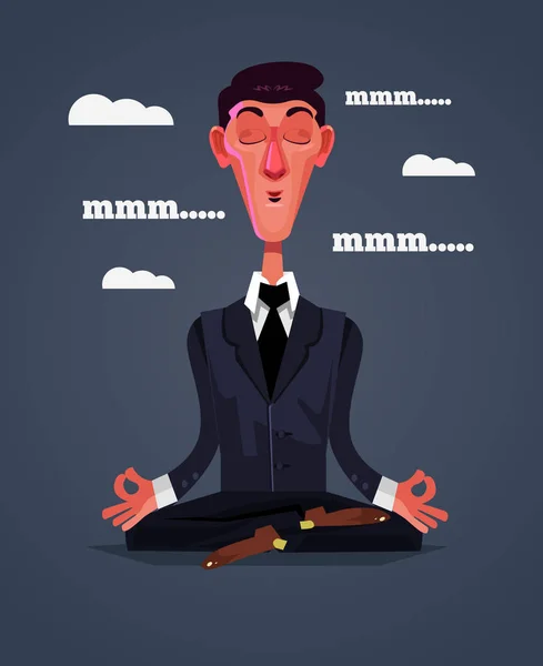Glücklich lächelnde Büroangestellte Geschäftsmann Charakter sitzt in Lotusposition und entspannt. Vektor flache Cartoon-Illustration — Stockvektor