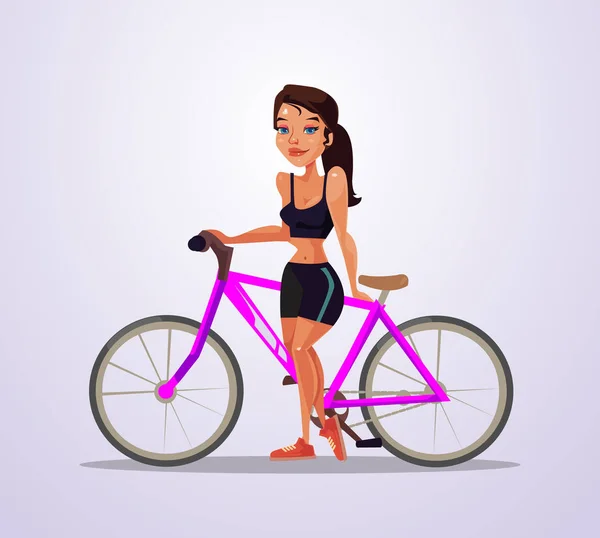 骑自行车的人快乐微笑的女人性格。矢量平面卡通插画 — 图库矢量图片