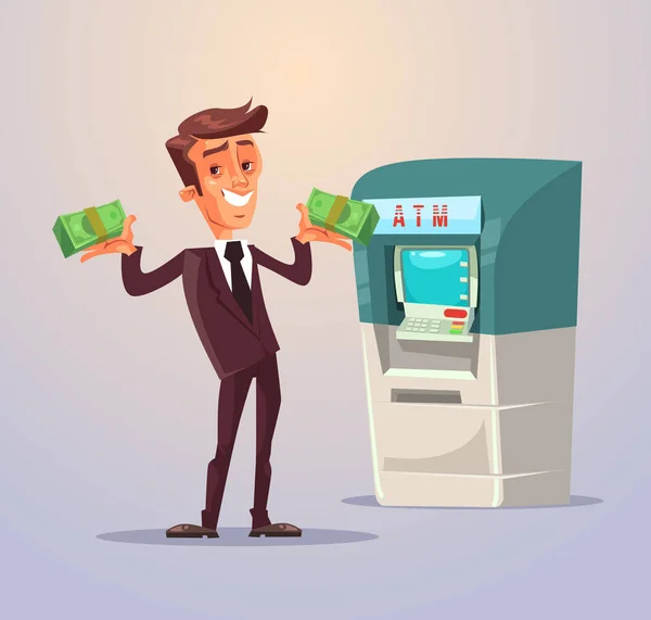 Hombre de negocios oficinista carácter retirar dinero de cajero automático. Vector plano ilustración de dibujos animados — Archivo Imágenes Vectoriales